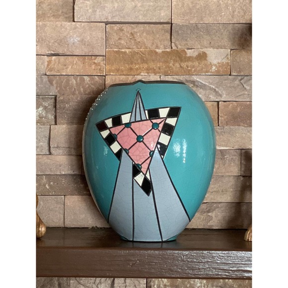 Andy Smith Raku Crackled Glaze Geometric Design Vase Art Deco Style Pottery